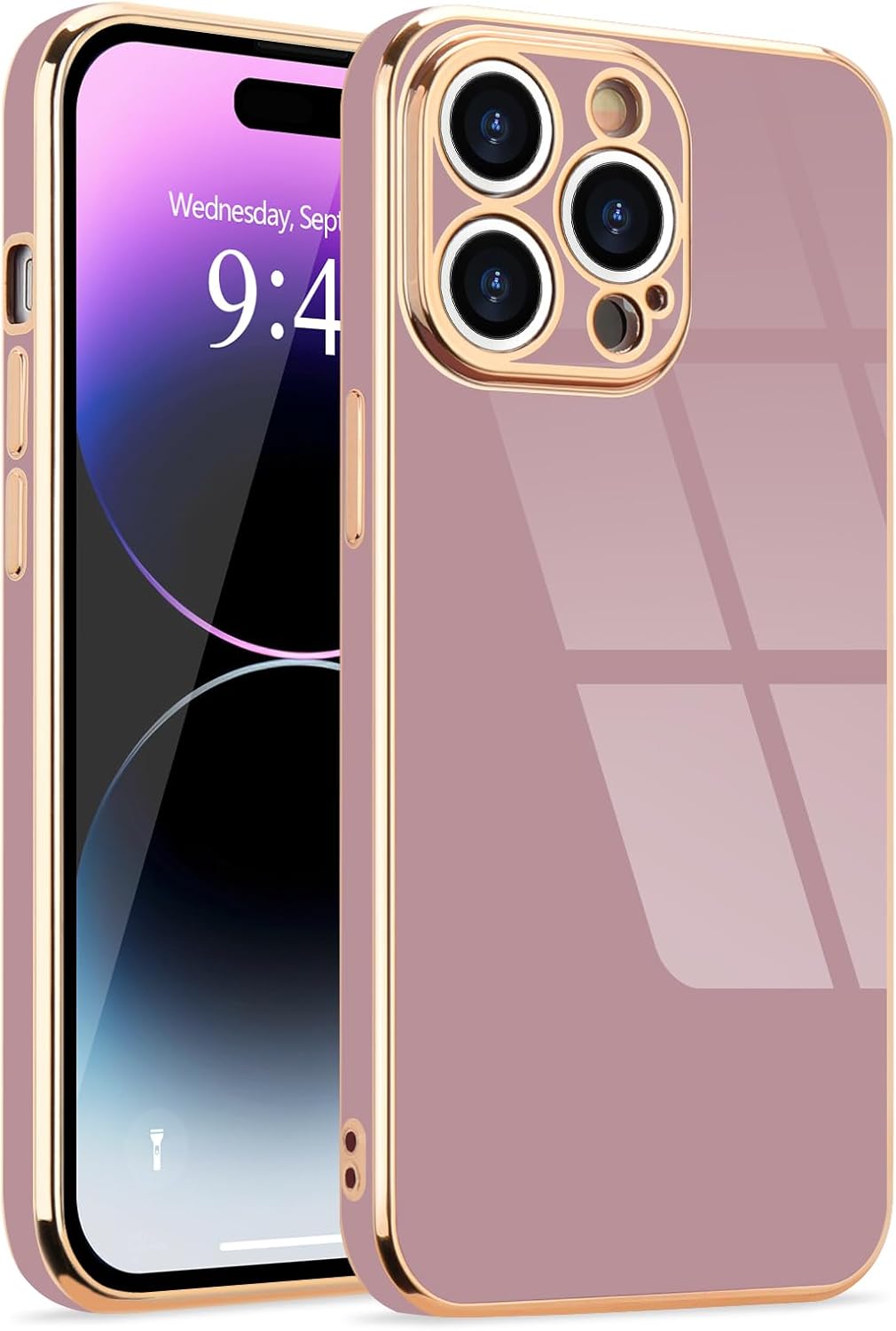 for iPhone 14 Pro Case Cute, for Women Girls Luxury Electroplated Silicone Aesthetic Golden Edge Camera Lens Protection Bumper Cover Shockproof Phone Case for iPhone 14 Pro 6.1 inch, Purple