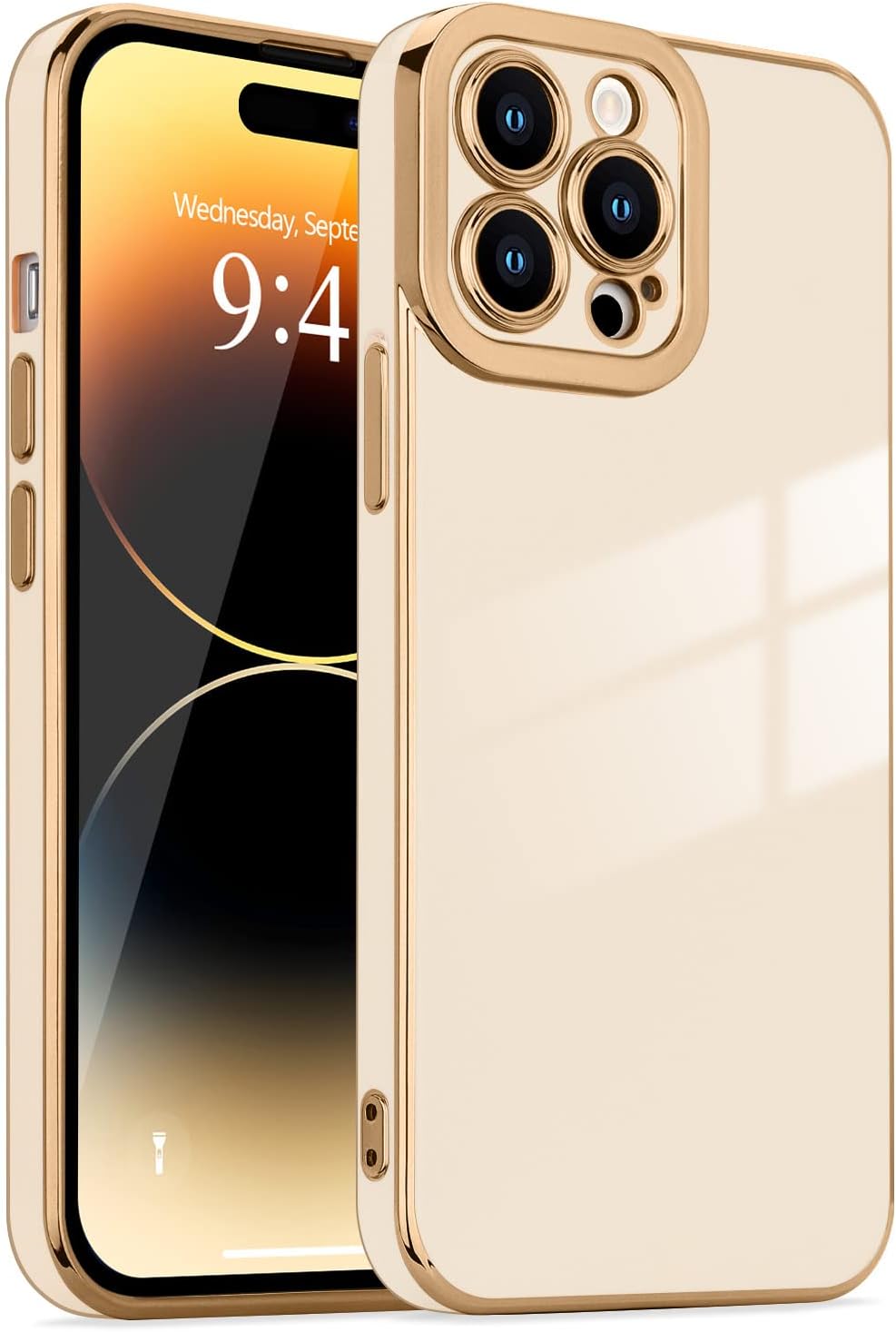 for iPhone 14 Pro Case Cute, Women Girls Aesthetic Bling Full Camera Lens Protection Cover,Luxury Electroplated Plating Silicone Shockproof Phone Case for iPhone 14 Pro 6.1 inch,White