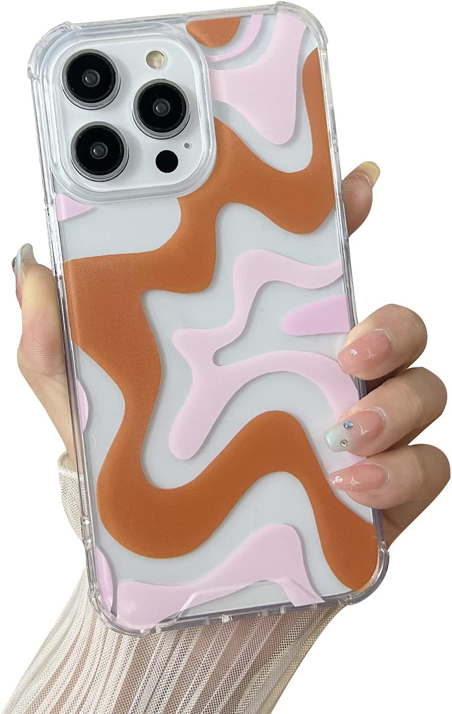 Compatible with iPhone 14 / iPhone 13 Phone Case, Cute Art Wavy Painted for Women Girls, Soft Edge PC Back Protective Shockproof Phone Case - Orange
