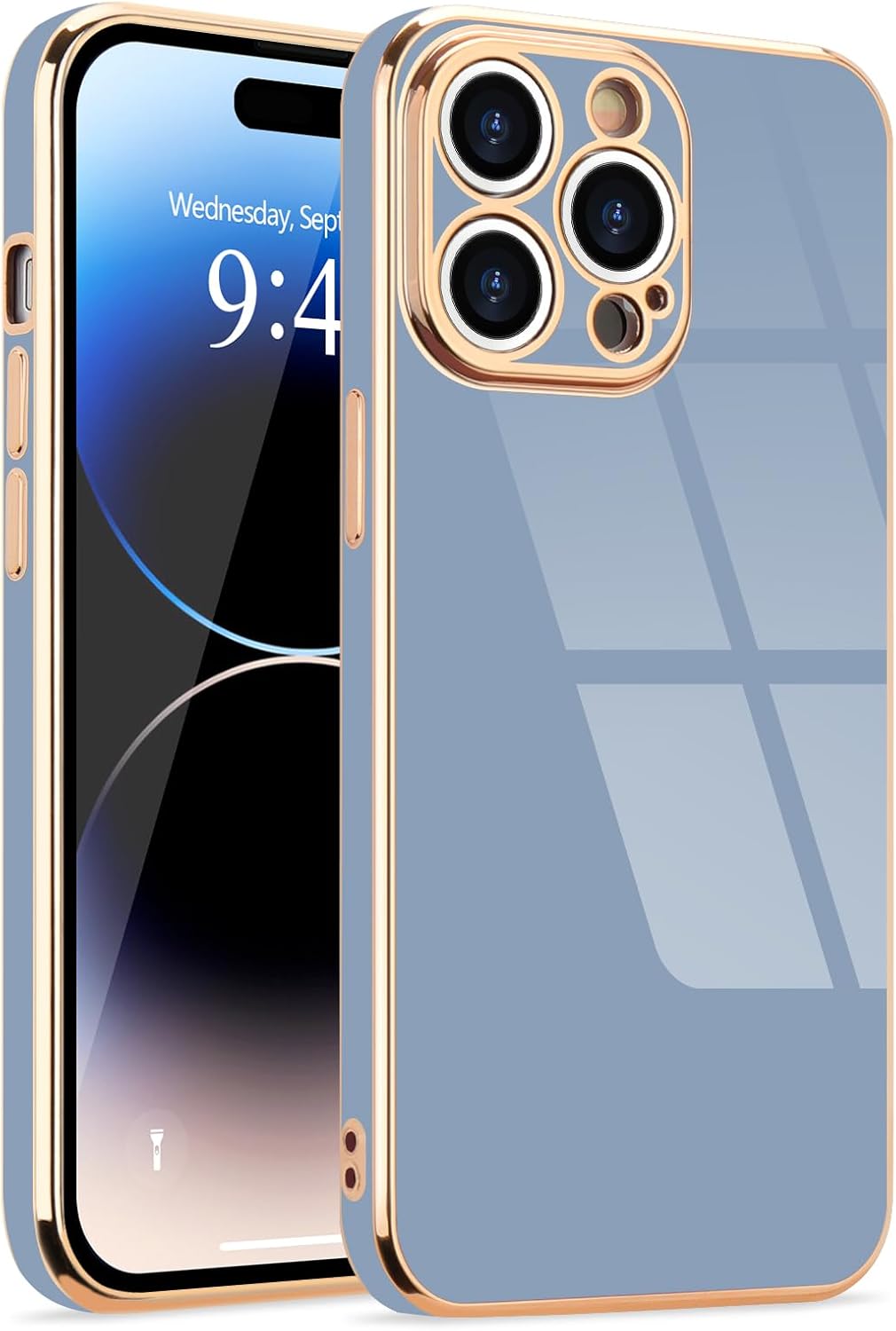 for iPhone 14 Pro Case Cute, For Women Girls Luxury Electroplated Silicone Aesthetic Golden Edge Camera Lens Protection Bumper Cover Shockproof Phone Case for iPhone 14 Pro 6.1 inch, Blue Grey