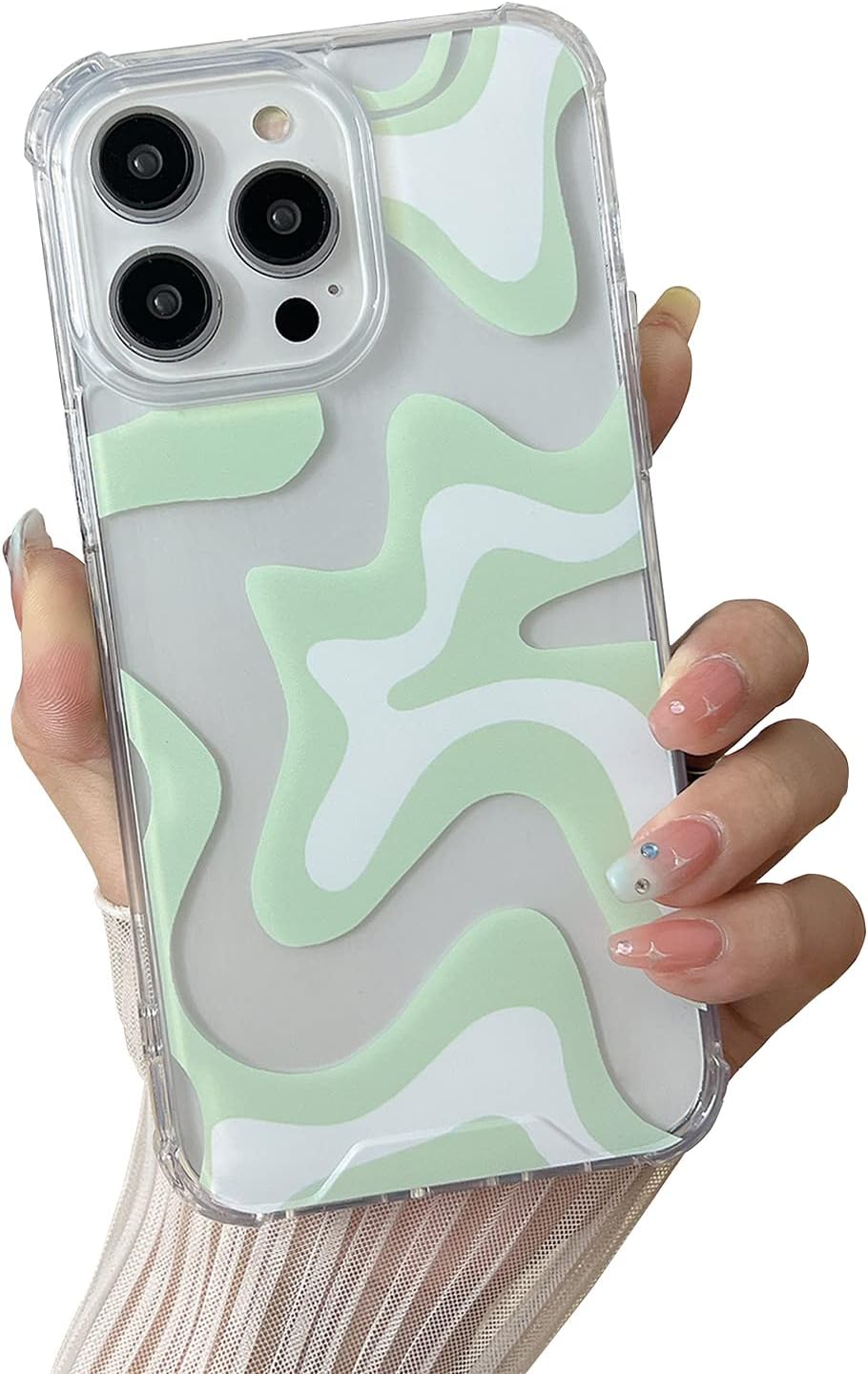 Compatible with iPhone 14/13 Phone Case, Cute Art Wavy Painted for Women Girls, Soft Edge PC Back Protective Shockproof Compatible with Phone Case, Green