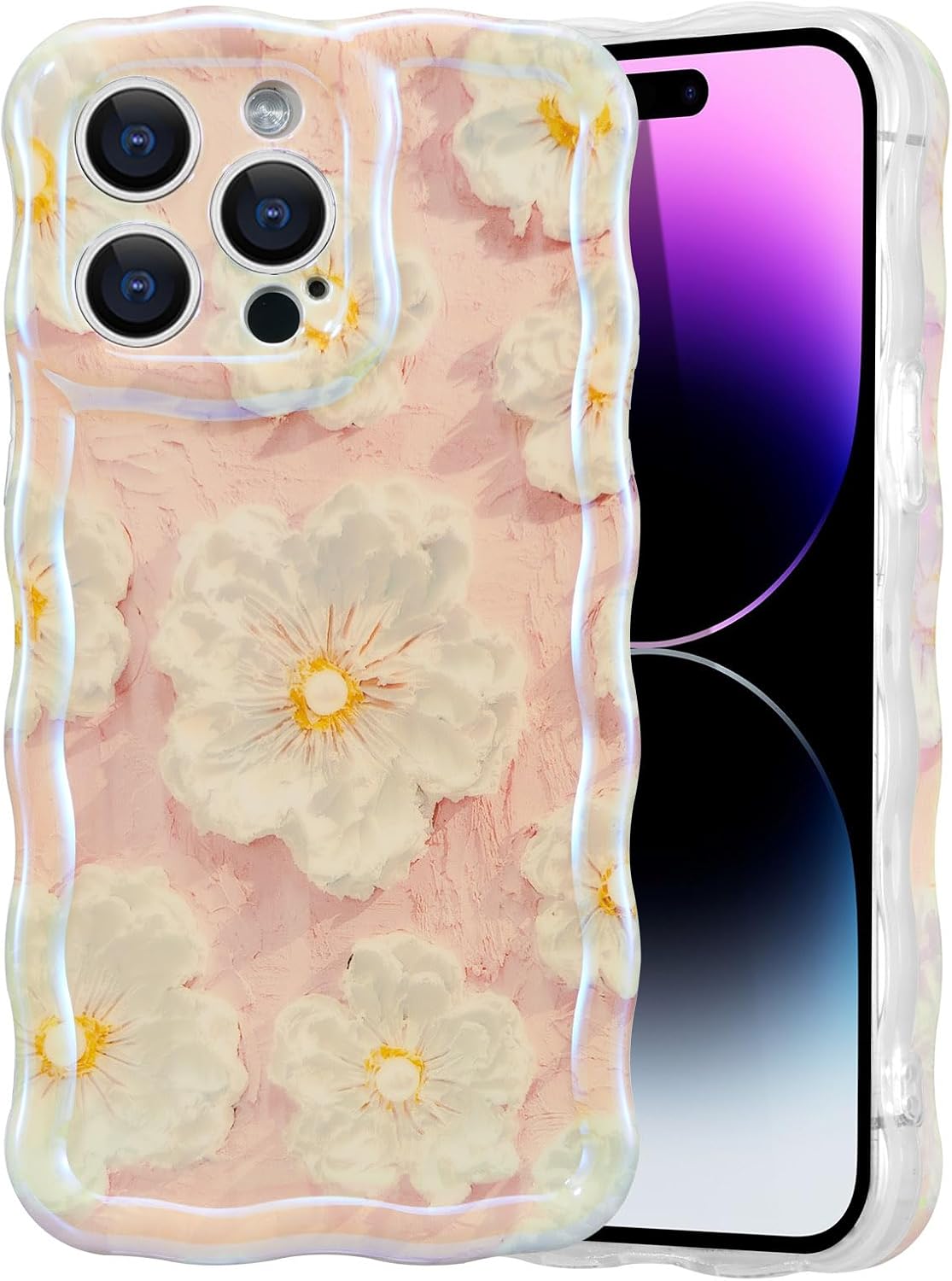 Case for iPhone 15 Pro Max, Colorful Retro Oil Painting Flower Laser Glossy Pattern Cute Curly Wave Border Exquisite Phone Cover Stylish Durable Protective Case for Girls Women-Light Pink