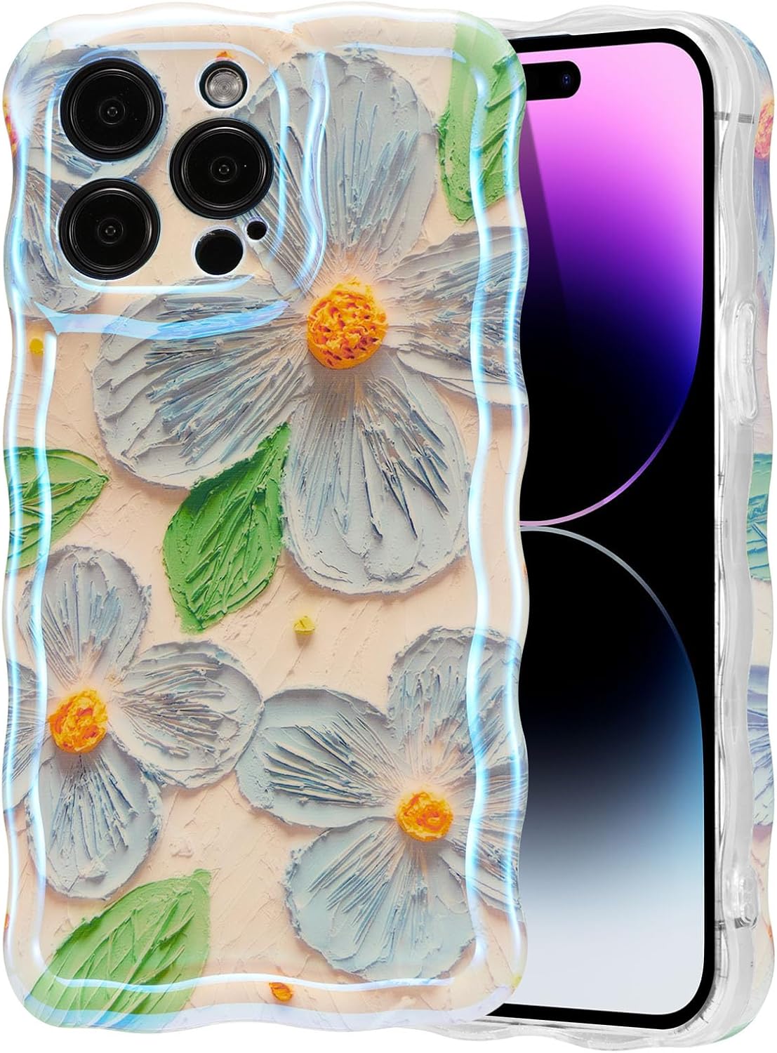 Case for iPhone 15 Pro Max, Colorful Retro Oil Painting Flower Leaf Laser Glossy Pattern Cute Curly Waves Edge Exquisite Phone Cover Stylish Durable Protective Case for Women - Blue Green