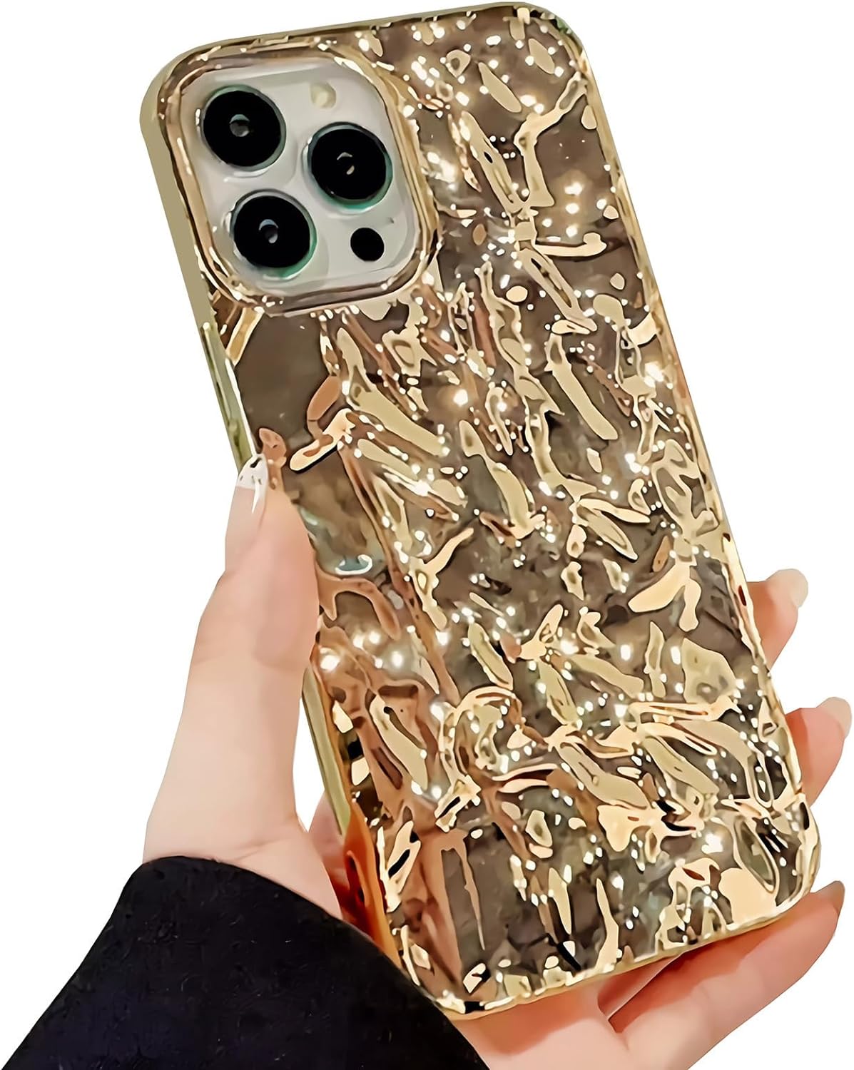 Compatible for iPhone 13 Pro Max Case Cute Glitter Fashion Women Girly Luxury Tin Foil Pleated Design Phone Cases 3D Gold Silicone Electroplated Sparkly Slim Soft Glossy Cover 6.7 Inch