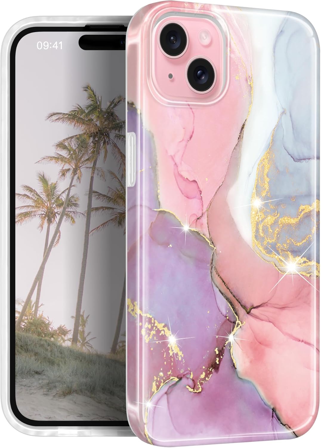 Compatible with iPhone 15 Case Gold Sparkle Glitter Marble Design Shockproof Protective Slim Soft Silicone Cover Phone Case 6.1" 2023 Pink Purple