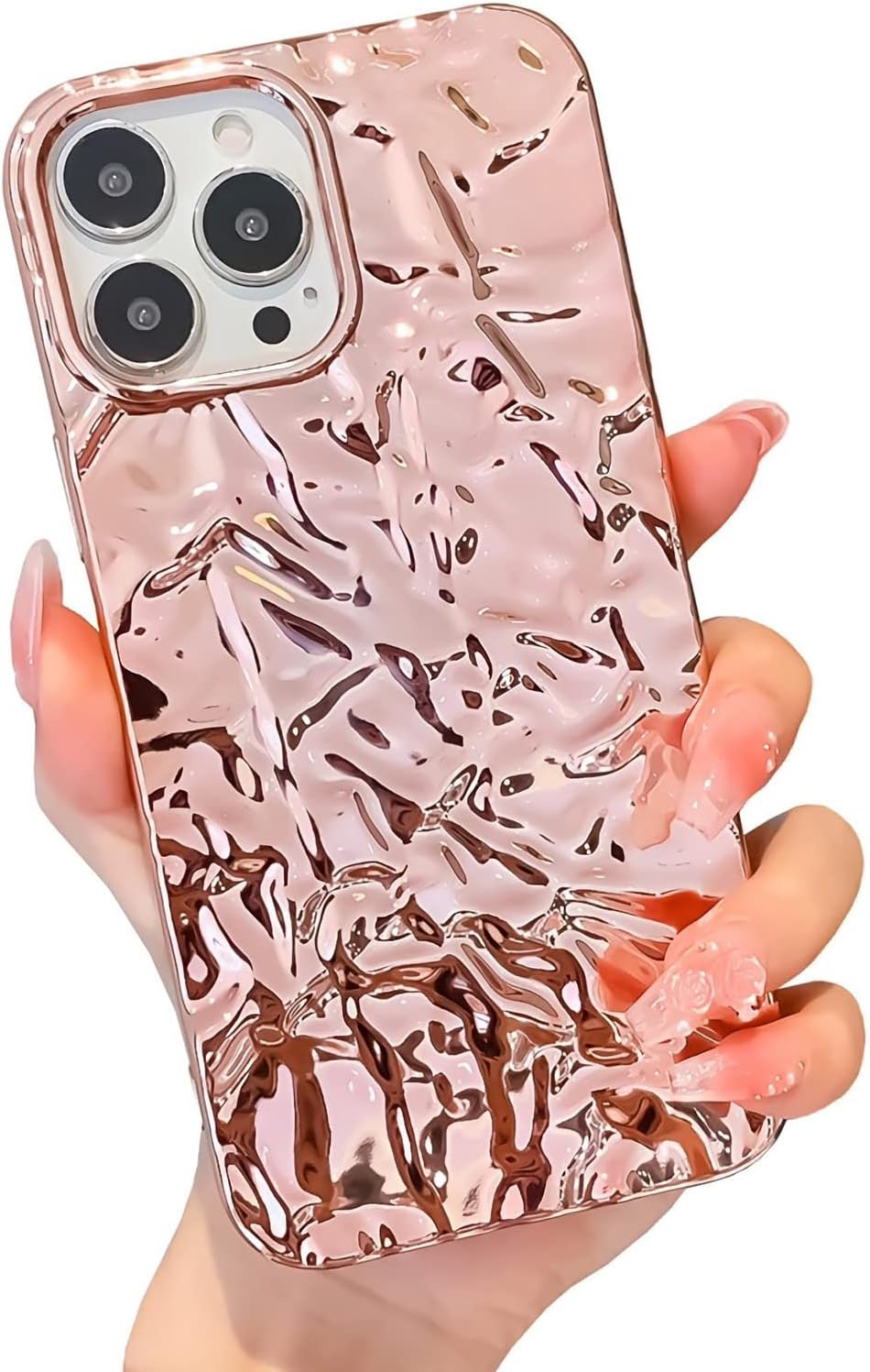 Compatible for iPhone 13 Pro Max Case Cute Glitter Fashion Women Girly Luxury Tin Foil Pleated Design Phone Cases 3D Pink Silicone Electroplated Sparkly Slim Soft Glossy Cover 6.7 Inch