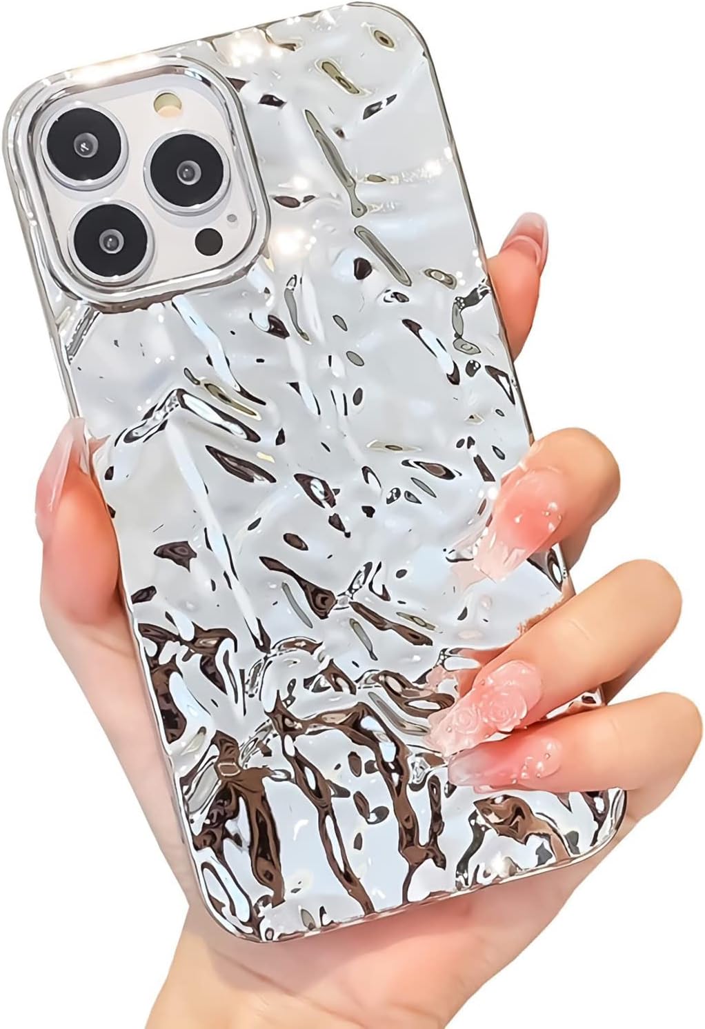 Compatible for iPhone 13 Pro Max Case Cute Luxury Designer Tin Foil Pleated Phone Cover for Women Electroplated Sparkly Silicone Protective Slim Fit Soft Case 6.7Inch (Silver Glossy-iPhone 13 Pro Max)