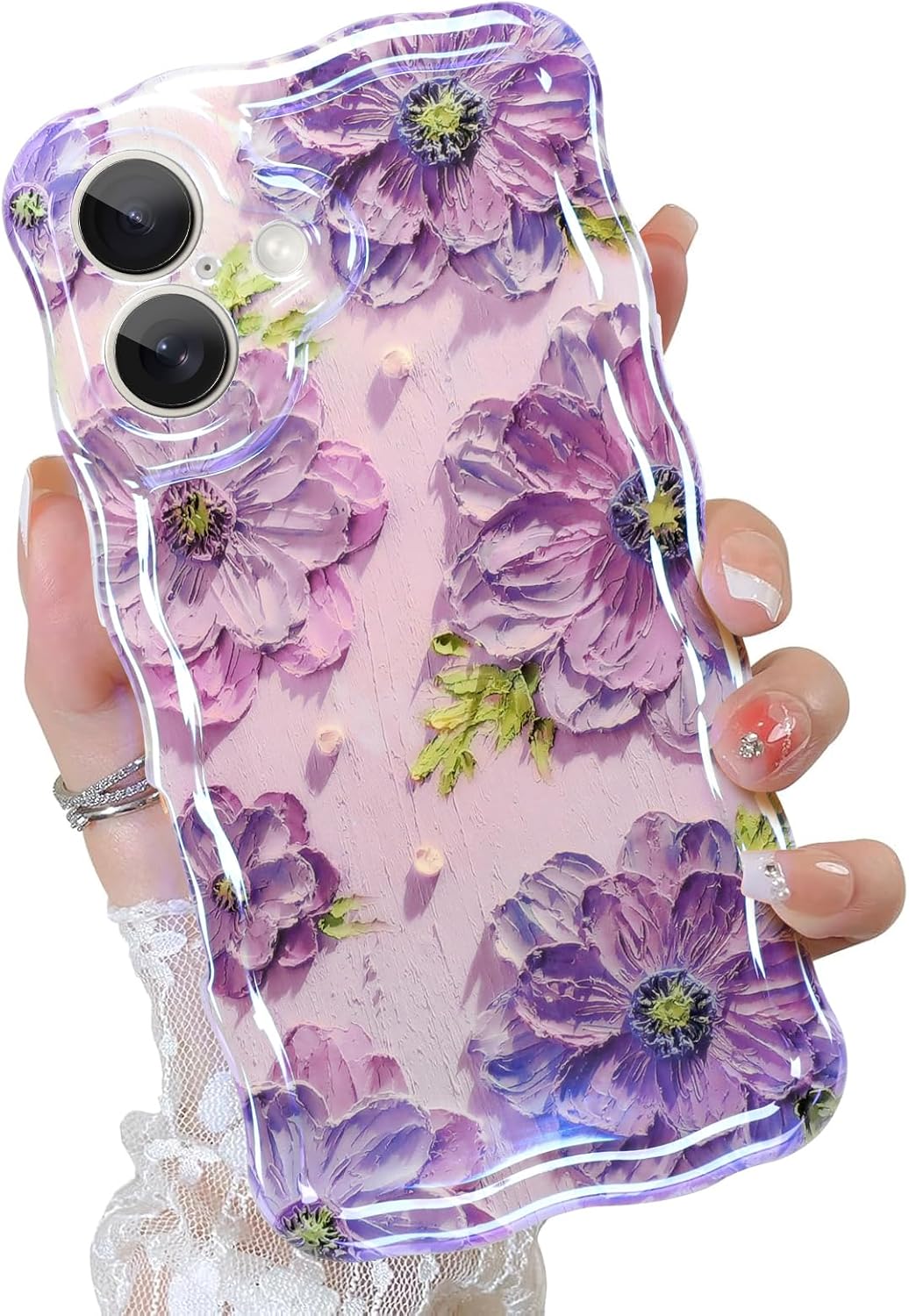 Oil Painting Phone Case for iPhone 17 Laser Glossy Cute Oil Painting Flower Pattern Curly Waves Bumper Design Soft Protective Cover for Girls Women Purple