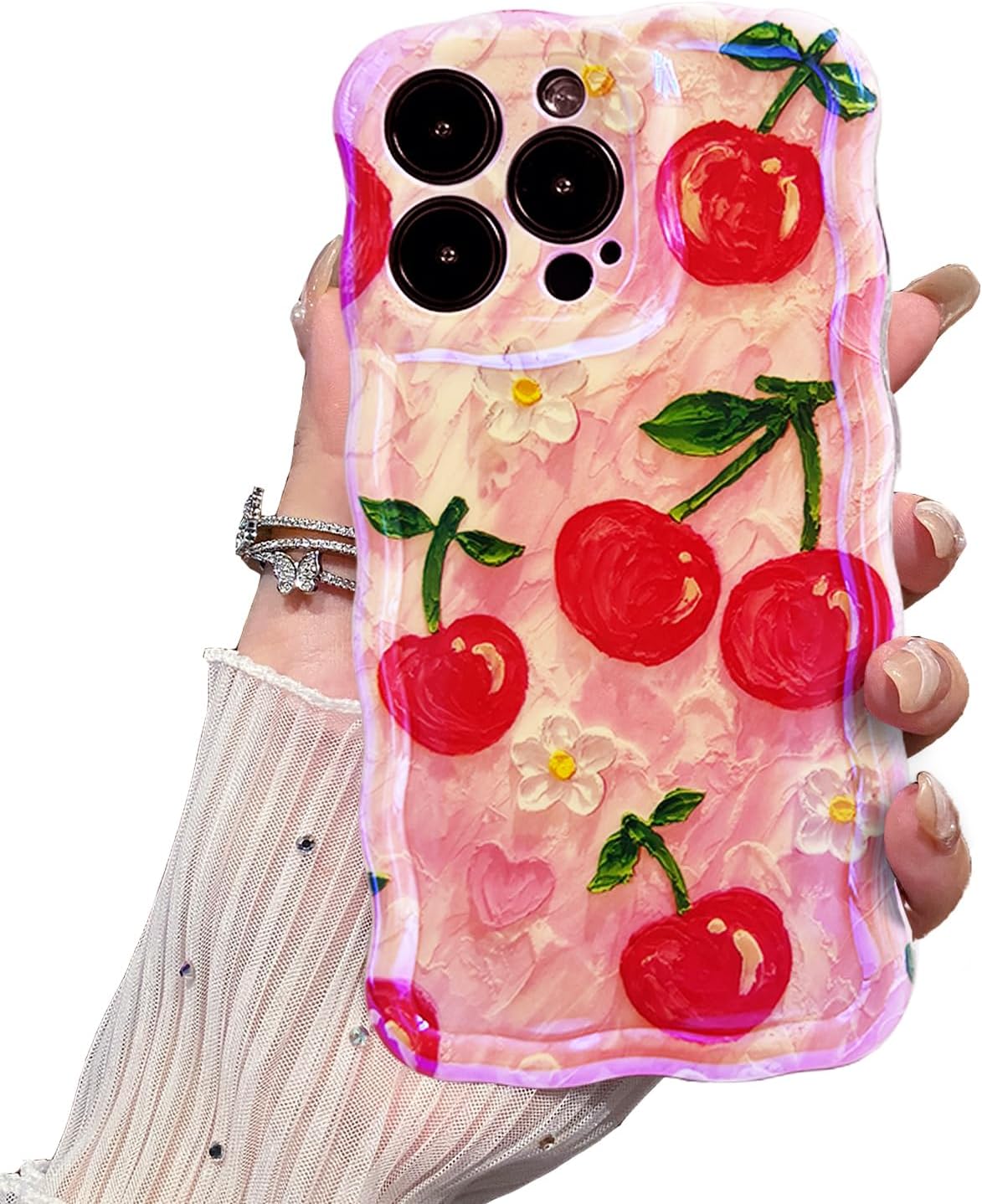 Case for iPhone 15 Pro Max,Exquisite Colorful Retro Oil Painting Flower Stylish Glossy Wave Frame Phone Cover,Soft Durable Shockproof Protection Camera Protective Case for Women Girl