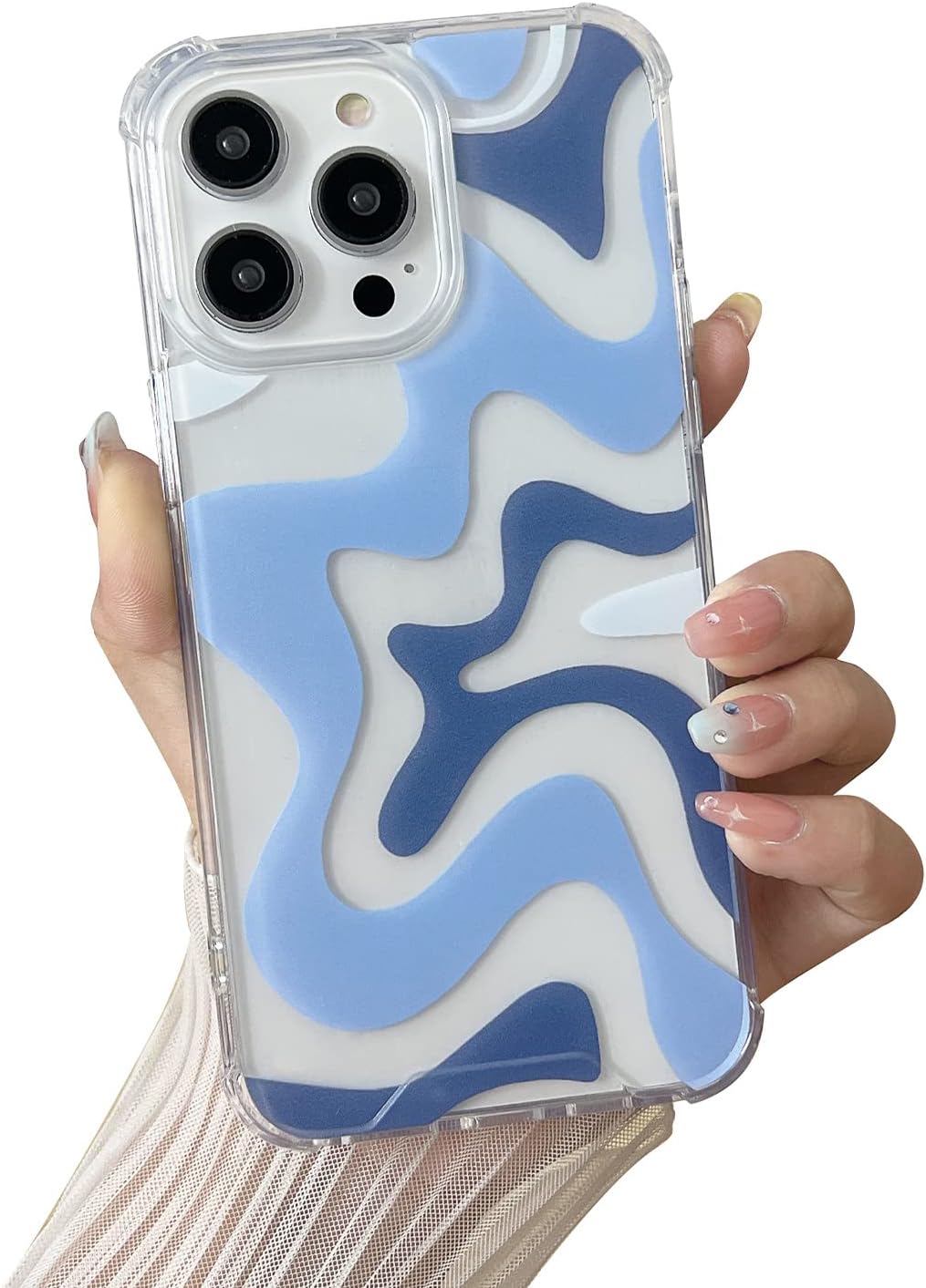 Compatible with iPhone 14 / iPhone 13 Phone Case, Cute Art Wavy Painted for Women Girls, Soft Edge PC Back Protective Shockproof Phone Case-Blue (iPhone 14 / iPhone 13)