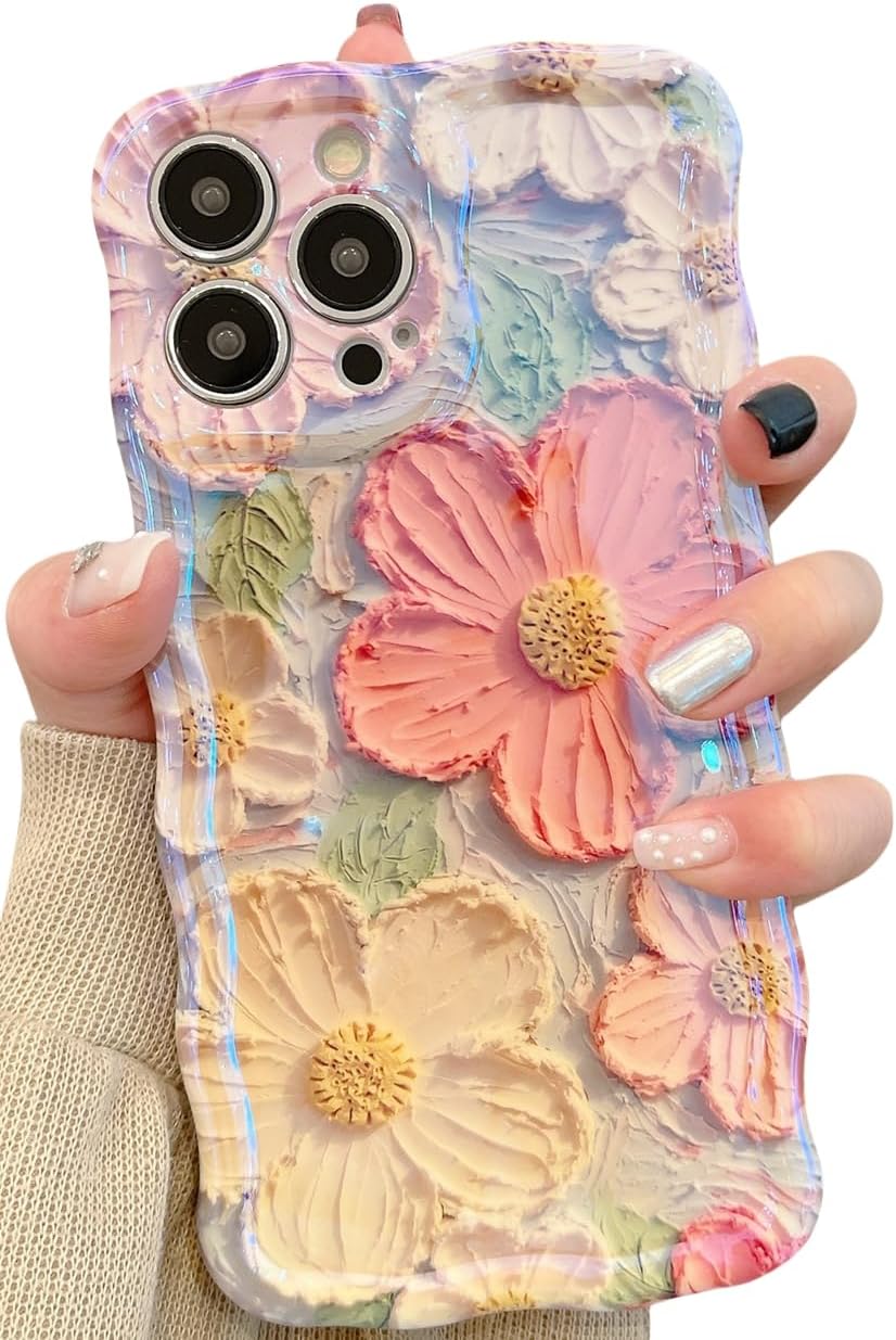 for iPhone 15 Case, Colorful Retro Oil Painting Printed Flower Laser Glossy Pattern Cute Curly Wave Edge Exquisite Phone Cover Stylish Durable Protective Case (Orange Yellow)