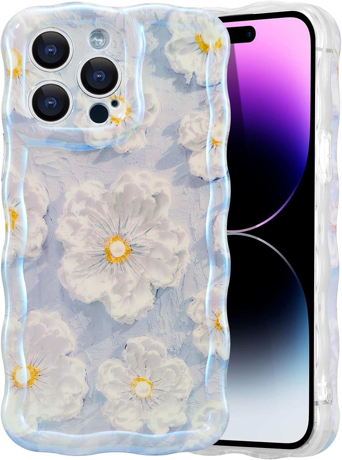 Case for iPhone 15 Pro Max, Colorful Retro Oil Painting Flower Laser Glossy Pattern Cute Curly Wave Border Exquisite Phone Cover Stylish Durable Protective Case for Girls Women-Light Blue