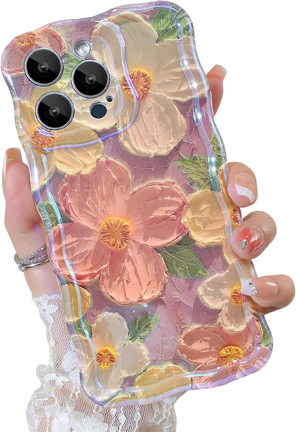Oil Painting Phone Case for iPhone 15 Pro Max Laser Glossy Cute Oil Painting Flower Pattern Curly Waves Bumper Design Soft Protective Cover for Girls Women Pink#2