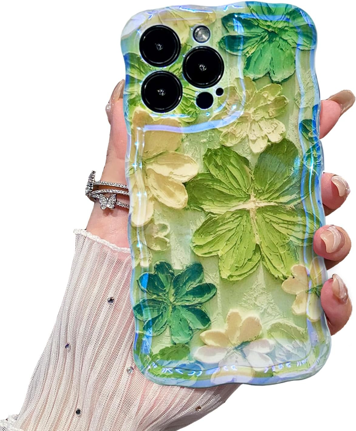 Case for iPhone 14 Pro Max,Exquisite Colorful Retro Oil Painting Flower,Stylish Glossy Pattern Wave Frame,Soft Durable Shockproof Camera Protection iPhone 14 Pro Max Case for Women Girl-Green