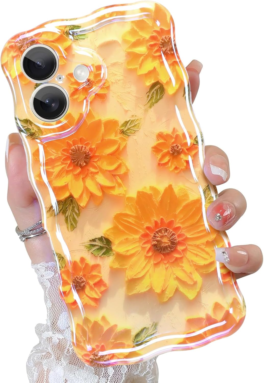 Oil Painting Phone Case for iPhone 17 Laser Glossy Cute Oil Painting Flower Pattern Curly Waves Bumper Design Soft Protective Cover for Girls Women Yellow Sunflower