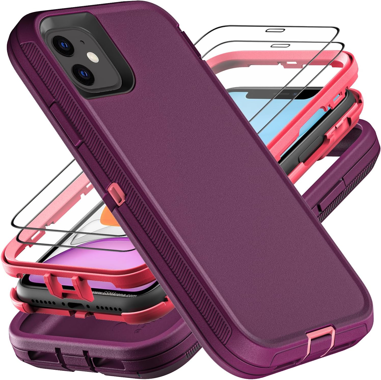 for iPhone 11 Case, Military Grade 3 in 1 Heavy Duty Shockproof/Drop Proof/Dust Proof Case with 2Pcs Tempered Glass Screen Protector (Purple/Pink)