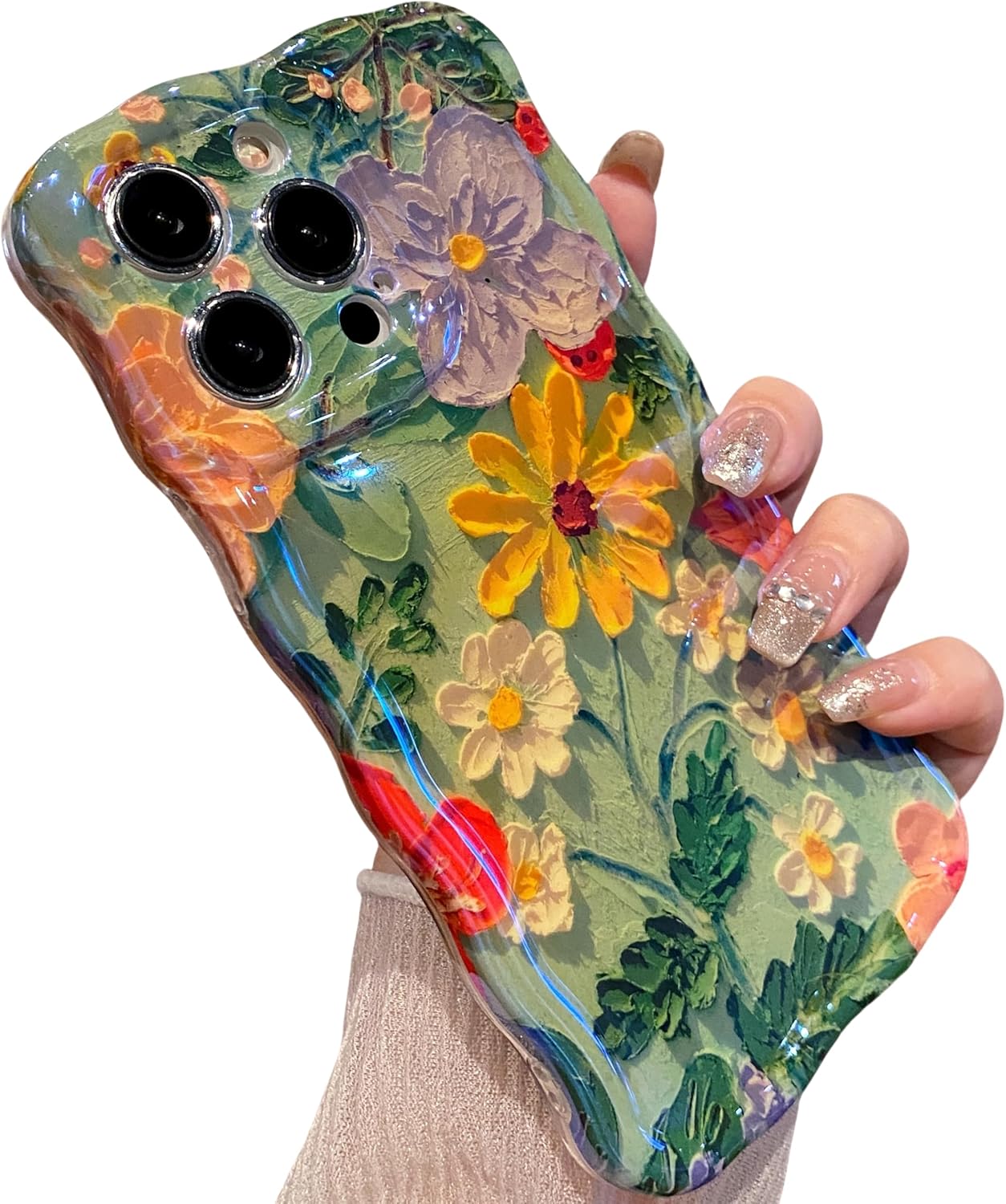 for iPhone 15 Case, Colorful Retro Oil Painting Printed Flower Laser Glossy Pattern Cute Curly Wave Edge Exquisite Phone Cover Stylish Durable Protective Case (Purple Yellow White)