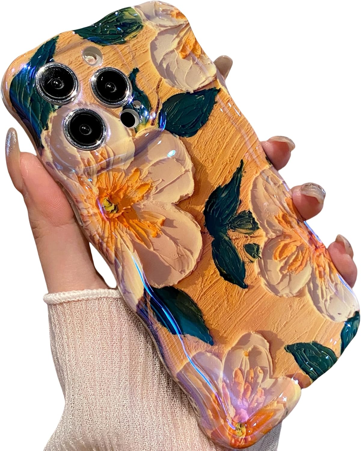 for iPhone 15 Case, Colorful Retro Oil Painting Printed Flower Laser Glossy Pattern Cute Curly Wave Edge Exquisite Phone Cover Stylish Durable Protective Case (Apricot)