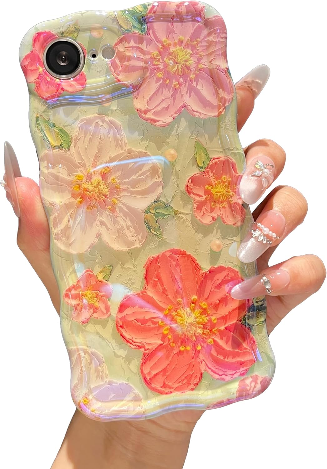 Case for iPhone 16e, Colorful Retro Oil Painting Flower Cute Floral Aesthetic Curly Wave Frame Laser Glossy Reflective Exquisite Stylish Protective Cover Women Girls-Flower/Green