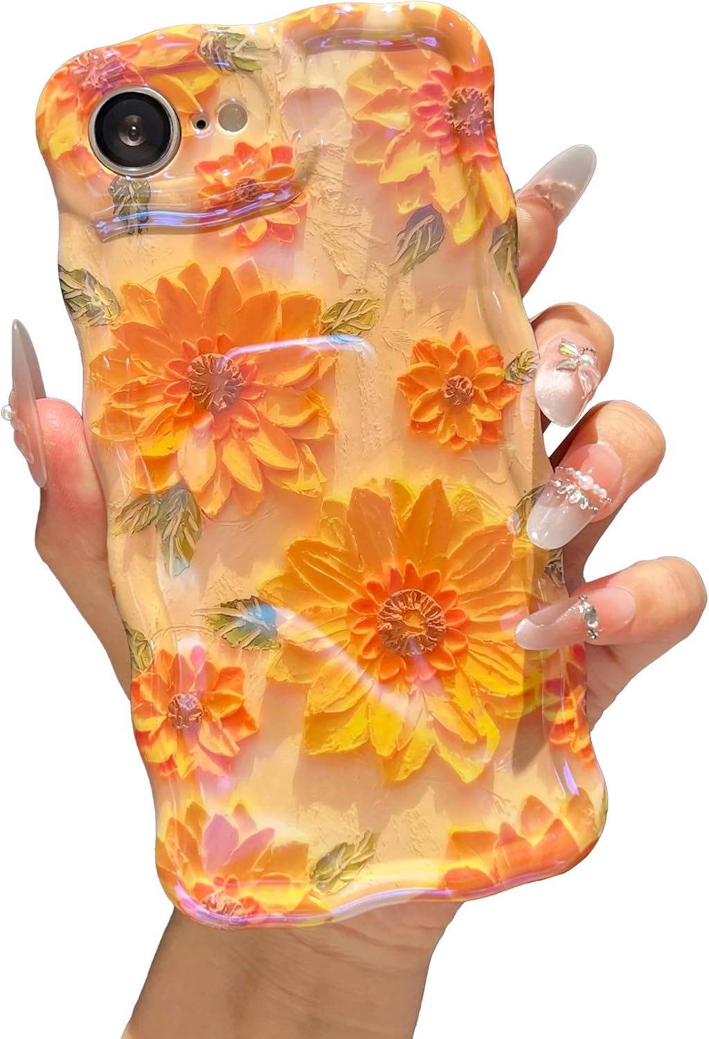 Case for iPhone 16e, Colorful Retro Oil Painting Flower Cute Floral Aesthetic Curly Wave Frame Laser Glossy Reflective Exquisite Stylish Protective Cover Women Girls-Sunflower/Yellow
