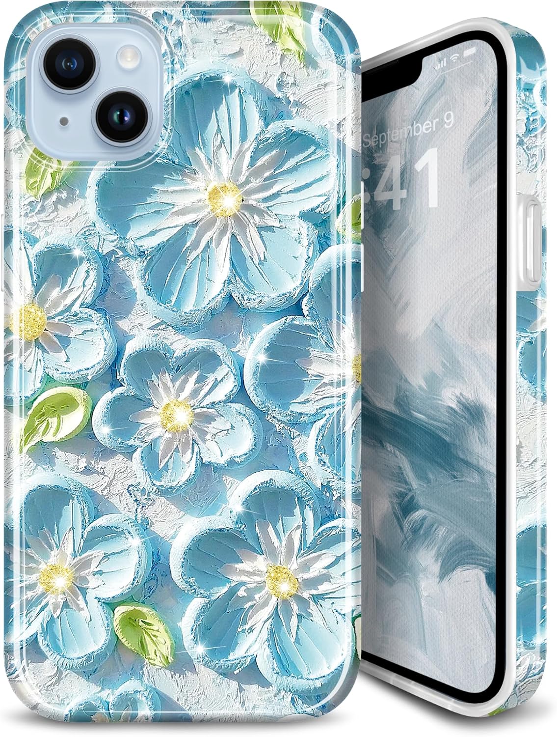 Compatible with iPhone 15 Case Sparkle Glitter Retro Oil Painting Printed Flower Design Slim Shockproof Protective Soft Silicone Cover Phone Case Mint Blue