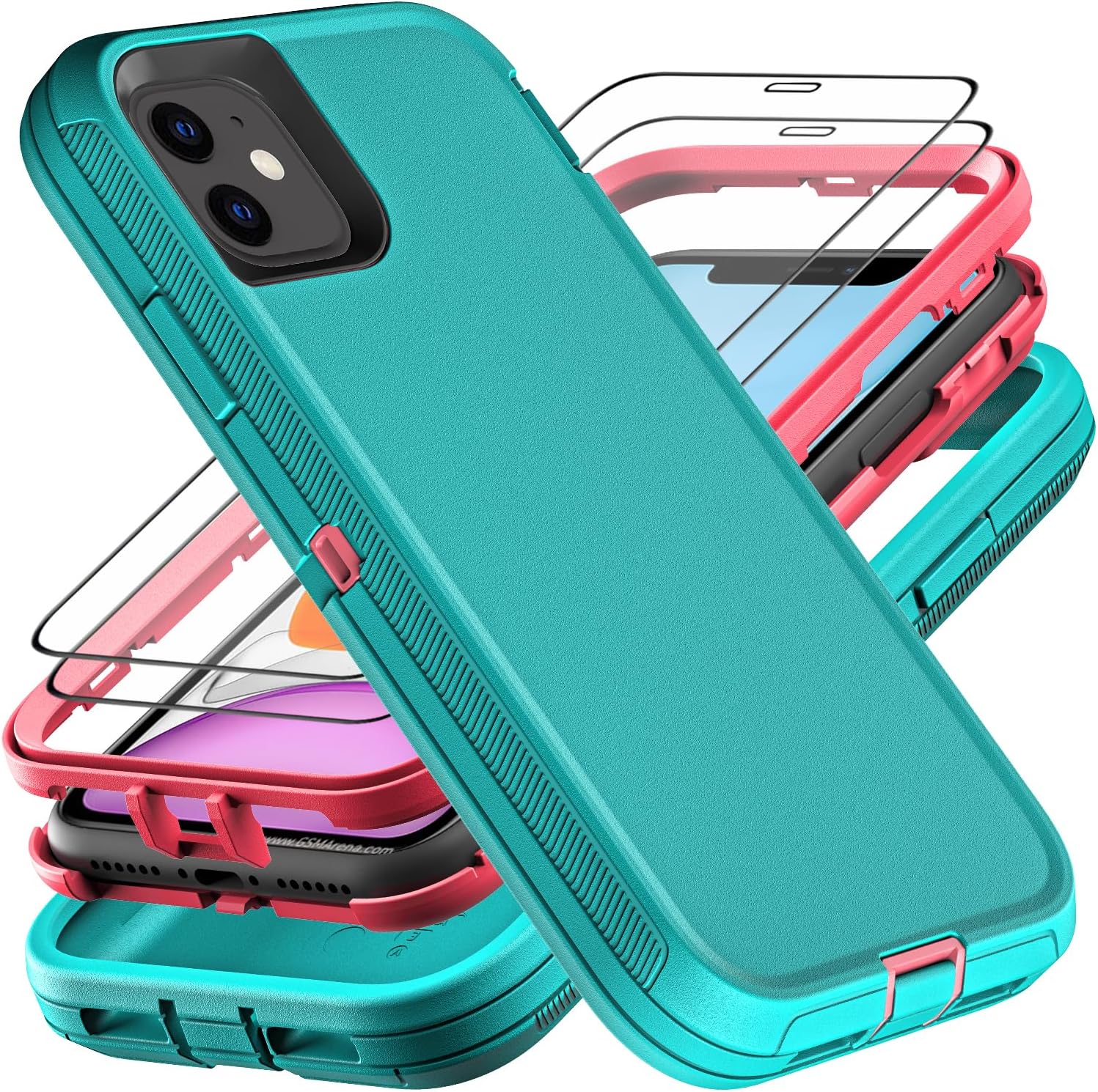 for iPhone 11 Case, Military Grade 3 in 1 Heavy Duty Shockproof/Drop Proof/Dust Proof Case with 2Pcs Tempered Glass Screen Protector (Aqua Blue/Pink)