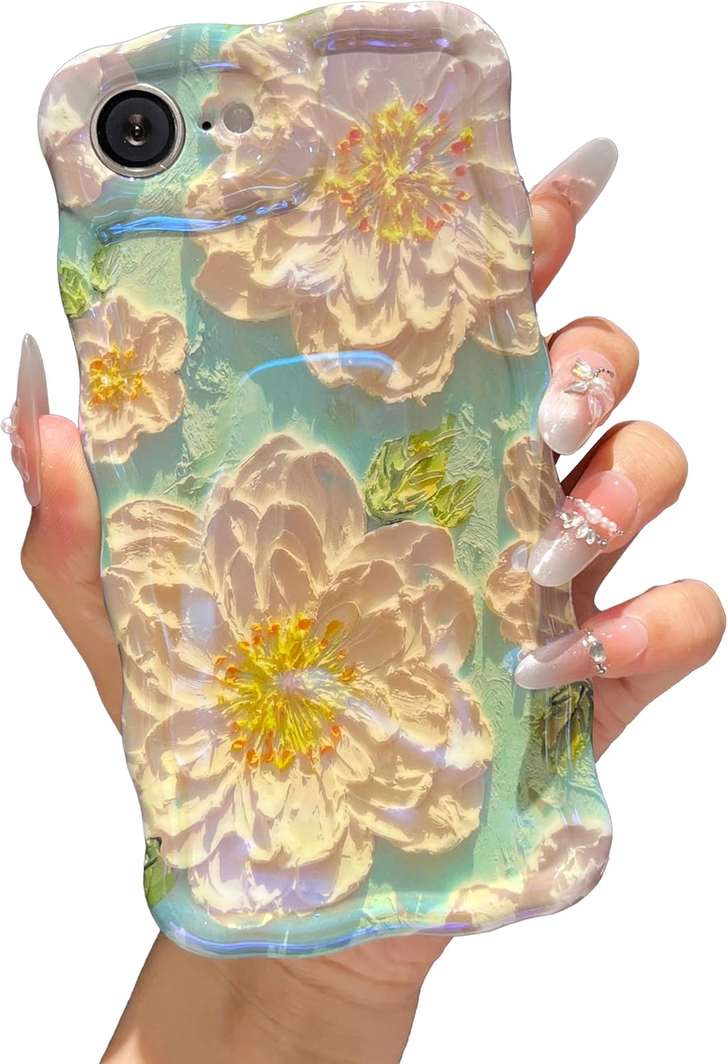 Case for iPhone 16e, Colorful Retro Oil Painting Flower Cute Floral Aesthetic Curly Wave Frame Laser Glossy Reflective Exquisite Stylish Protective Cover Women Girls-White Flower/Blue