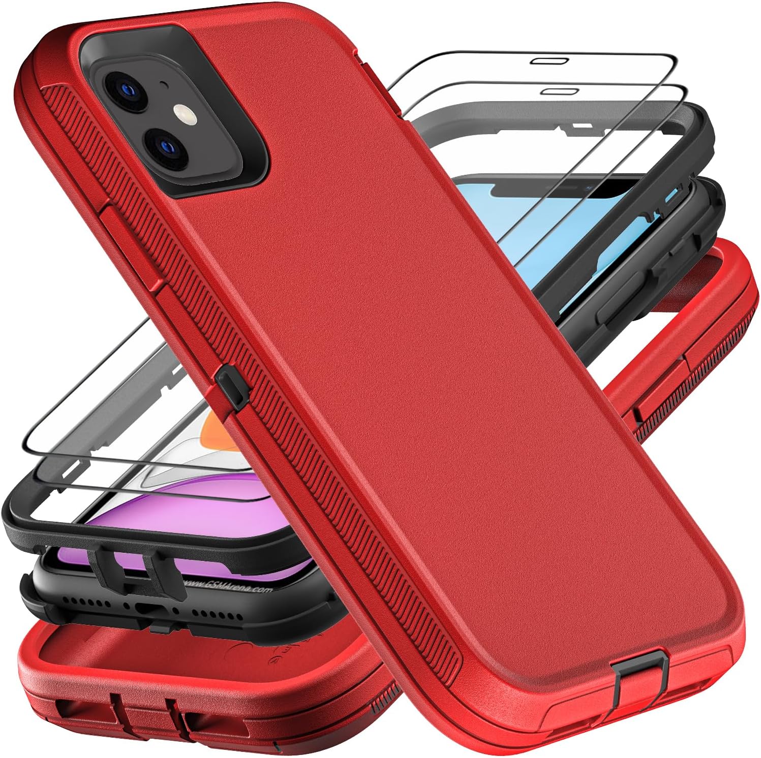 for iPhone 11 Case, Military Grade 3 in 1 Heavy Duty Shockproof/Drop Proof/Dust Proof Case with 2Pcs Tempered Glass Screen Protector (Red/Black)
