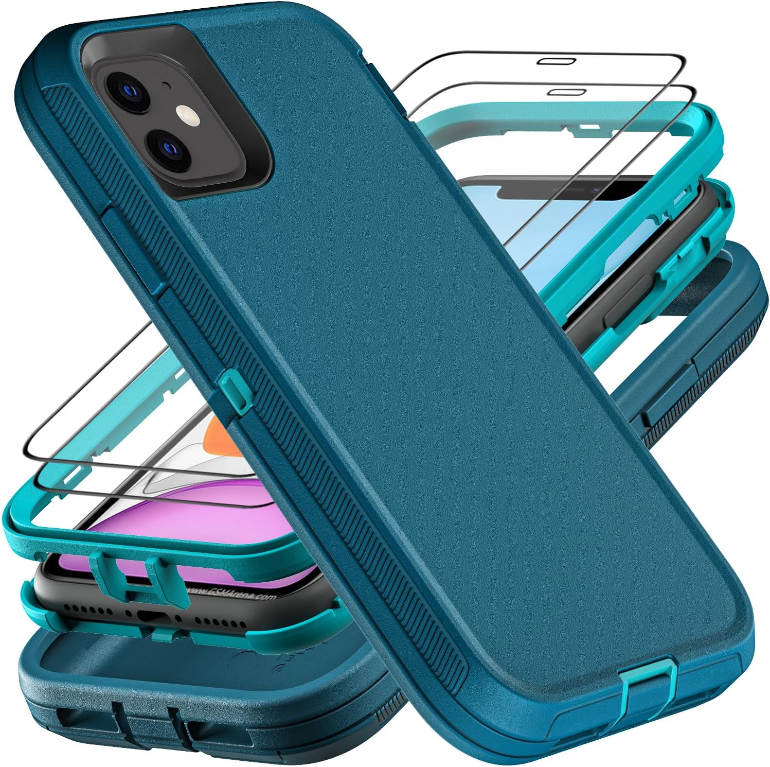 for iPhone 11 Case, Military Grade 3 in 1 Heavy Duty Shockproof/Drop Proof/Dust Proof Case with 2Pcs Tempered Glass Screen Protector (Blue/Turquoise)