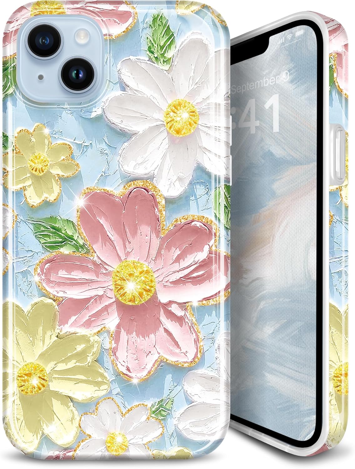 Compatible with iPhone 15 Case Sparkle Glitter Retro Oil Painting Printed Flower Design Slim Shockproof Protective Soft Silicone Cover Phone Case Blue Pink